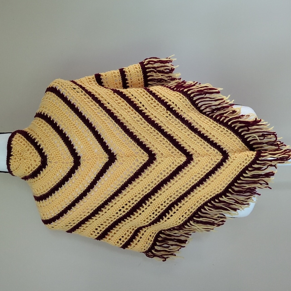 Handmade Fringed Triangular Knitted Shoulder Shawl Wrap OS Yellow Red Burgundy